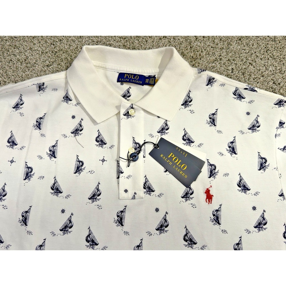 Polo Ralph Lauren Polo Shirt Mens 1XB White Boats Nautical‎ All Over Print NWT